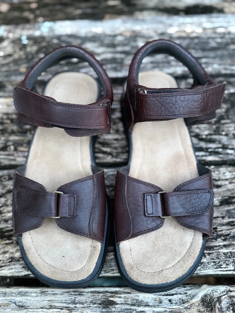 Lands' End Men's Sz 11 Comfort Adjustable Brown Leather Hook-&-Loop Sandals P2